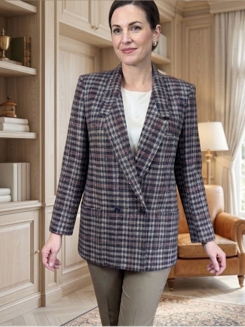 Peabody House Blazer White Green Purple Plaid Double-Breasted Tan Size 13/14